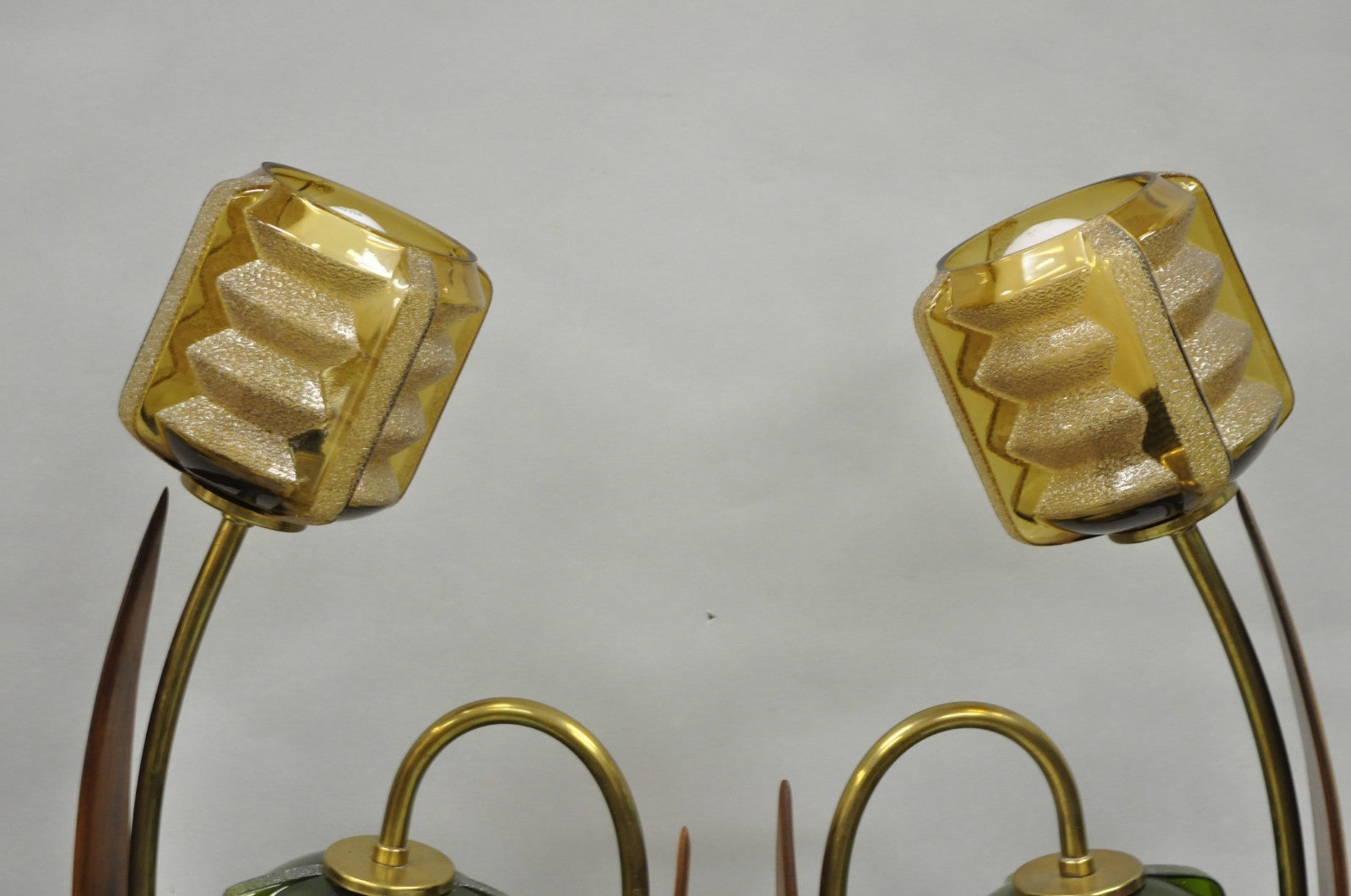 Vintage Mid Century Modern Walnut Tulip Flower Glass Shade Table Lamps - a Pair