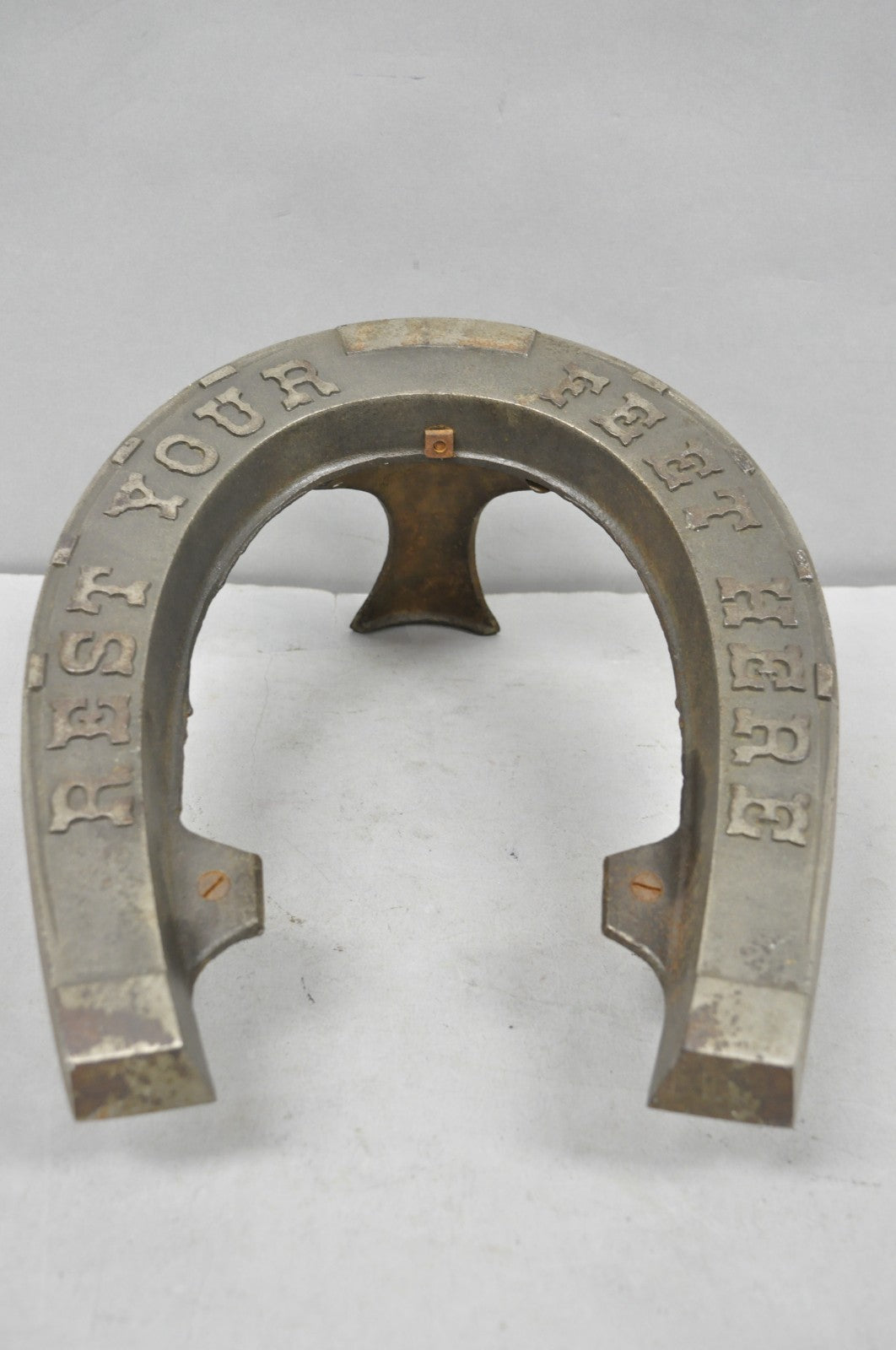 Antique Victorian Metal "Rest Your Feet Here" Cowboy Horseshoe Footstool Stool