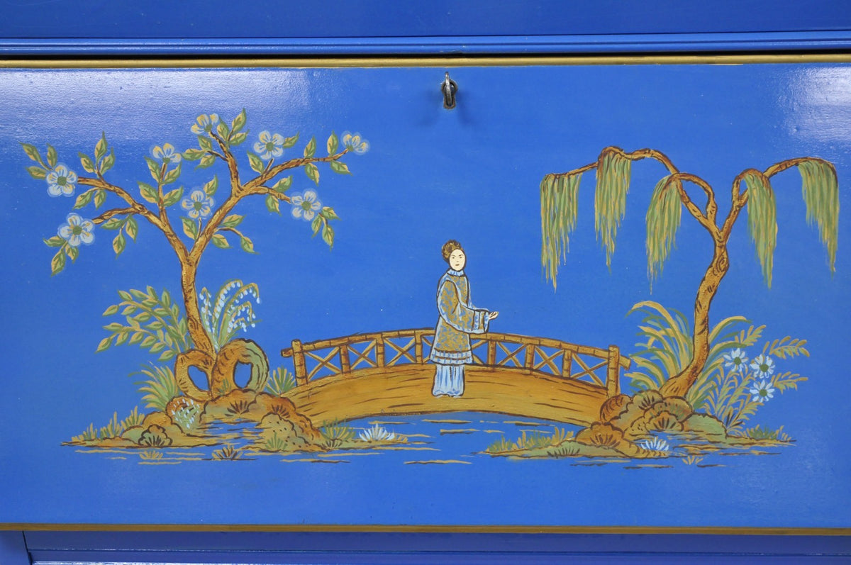 Vintage Chinoiserie Blue Hand Painted Gold Gilt Narrow Bookcase Secretary Desk