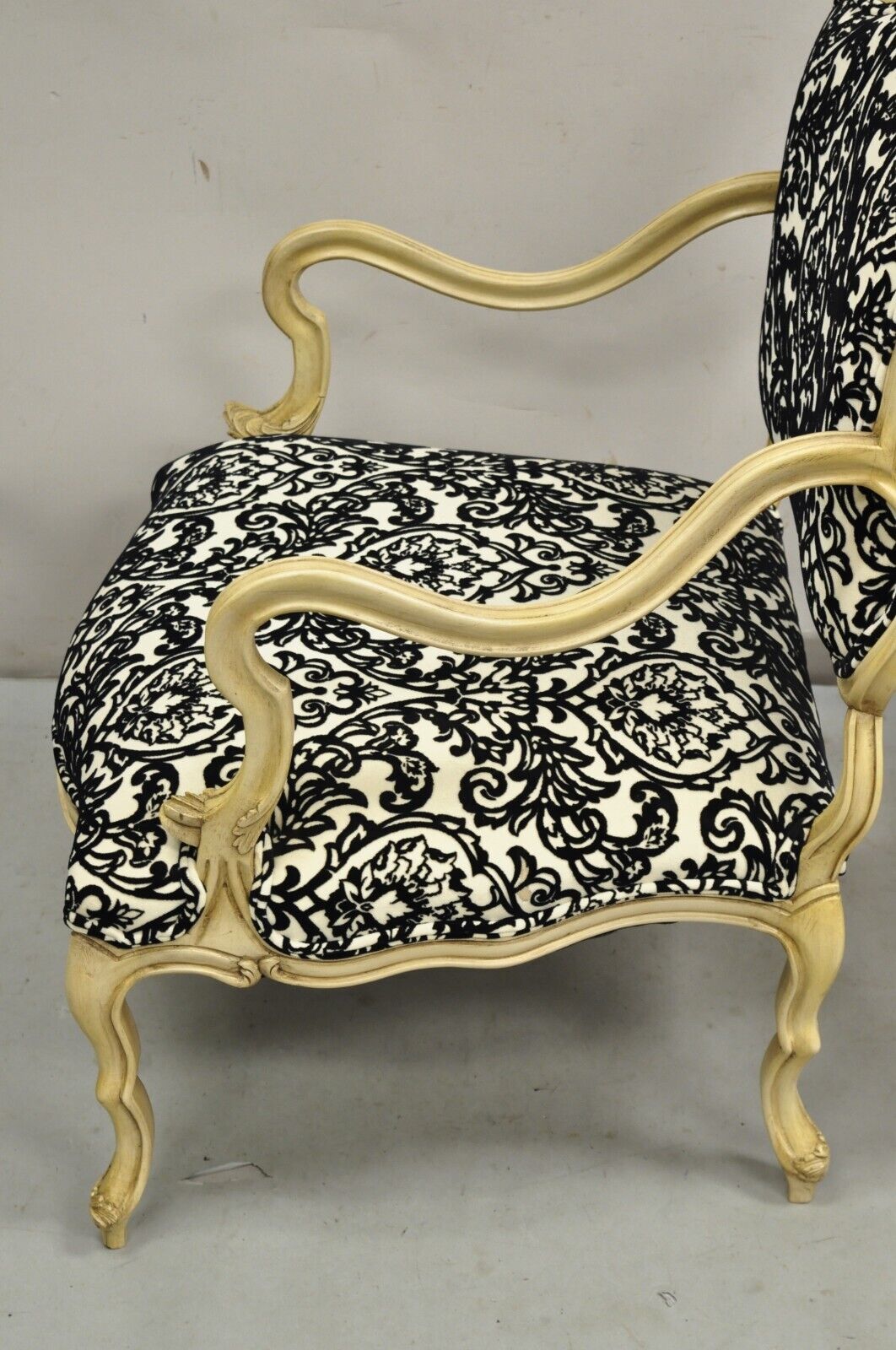 Hollywood Regency Carved Wood Low Cream Painted Damask Boudoir Chairs - a Pair
