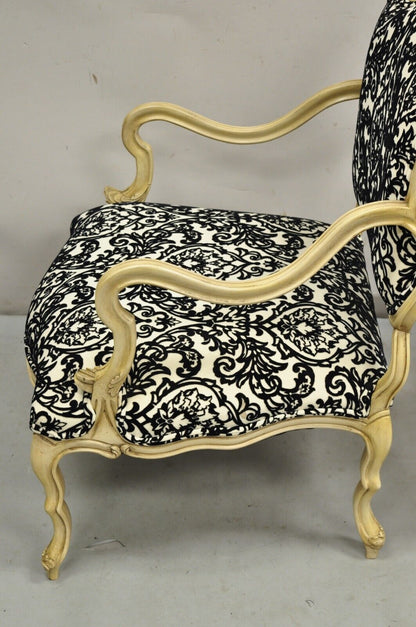 Hollywood Regency Carved Wood Low Cream Painted Damask Boudoir Chairs - a Pair