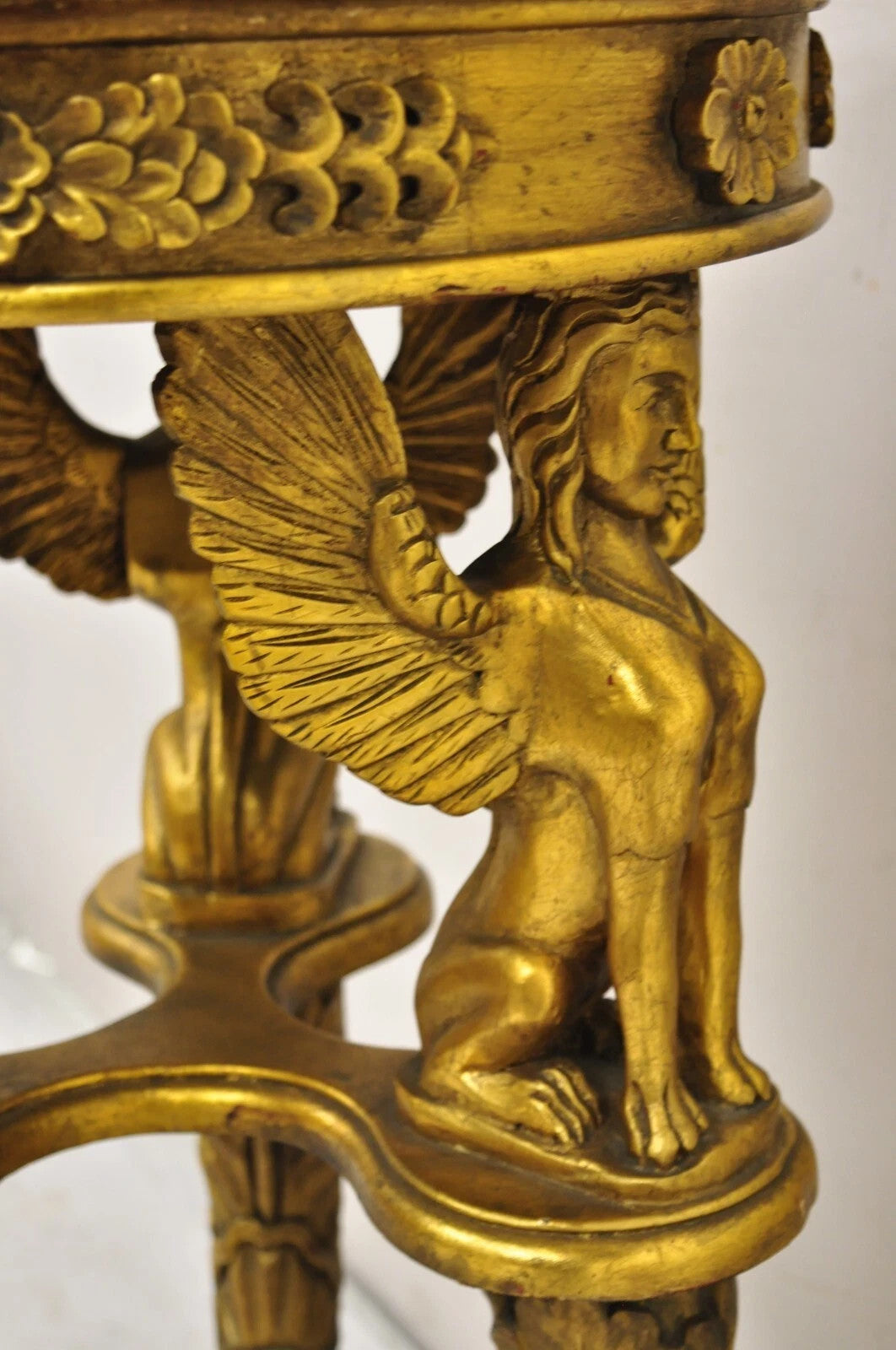 Egyptian Revival Gold Giltwood Marble Top Sphinx Pedestal Side Table Plant Stand