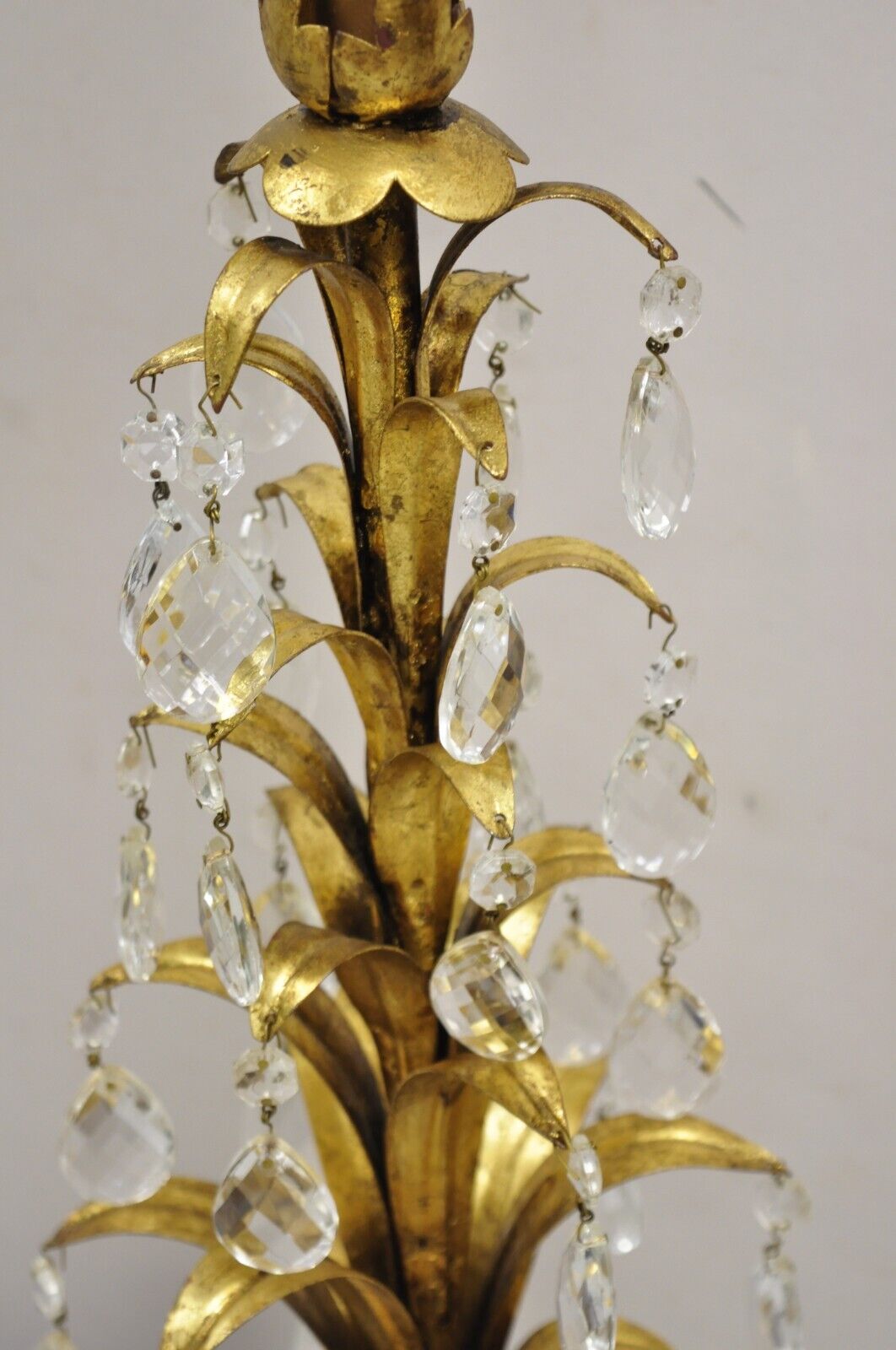 Vintage Italian Hollywood Regency Gold Gilt Iron Leafy Table Lamp w/ Crystals