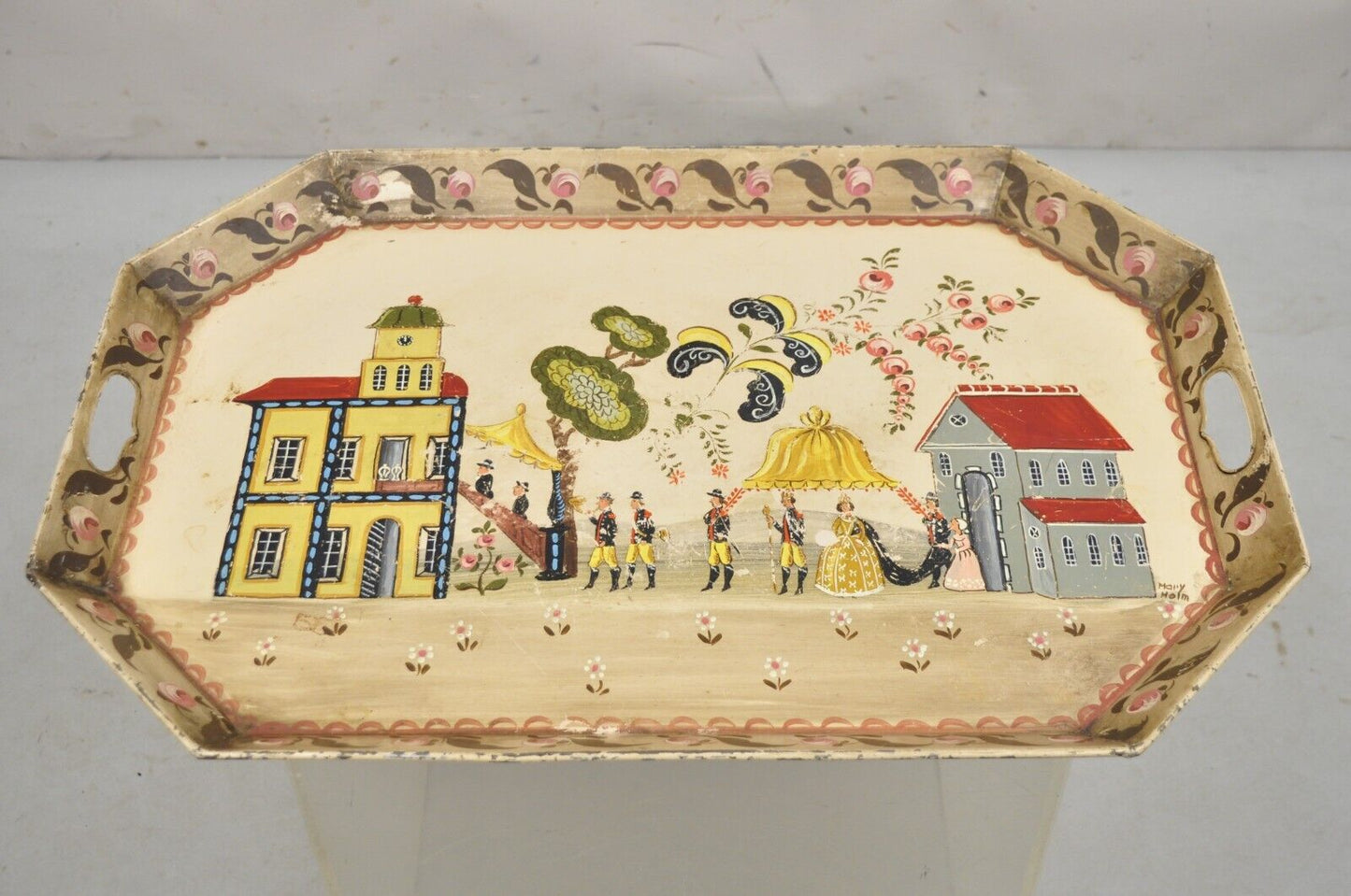 Vintage French Country Tole Metal Hand Painted Serving Platter Butler's Tray