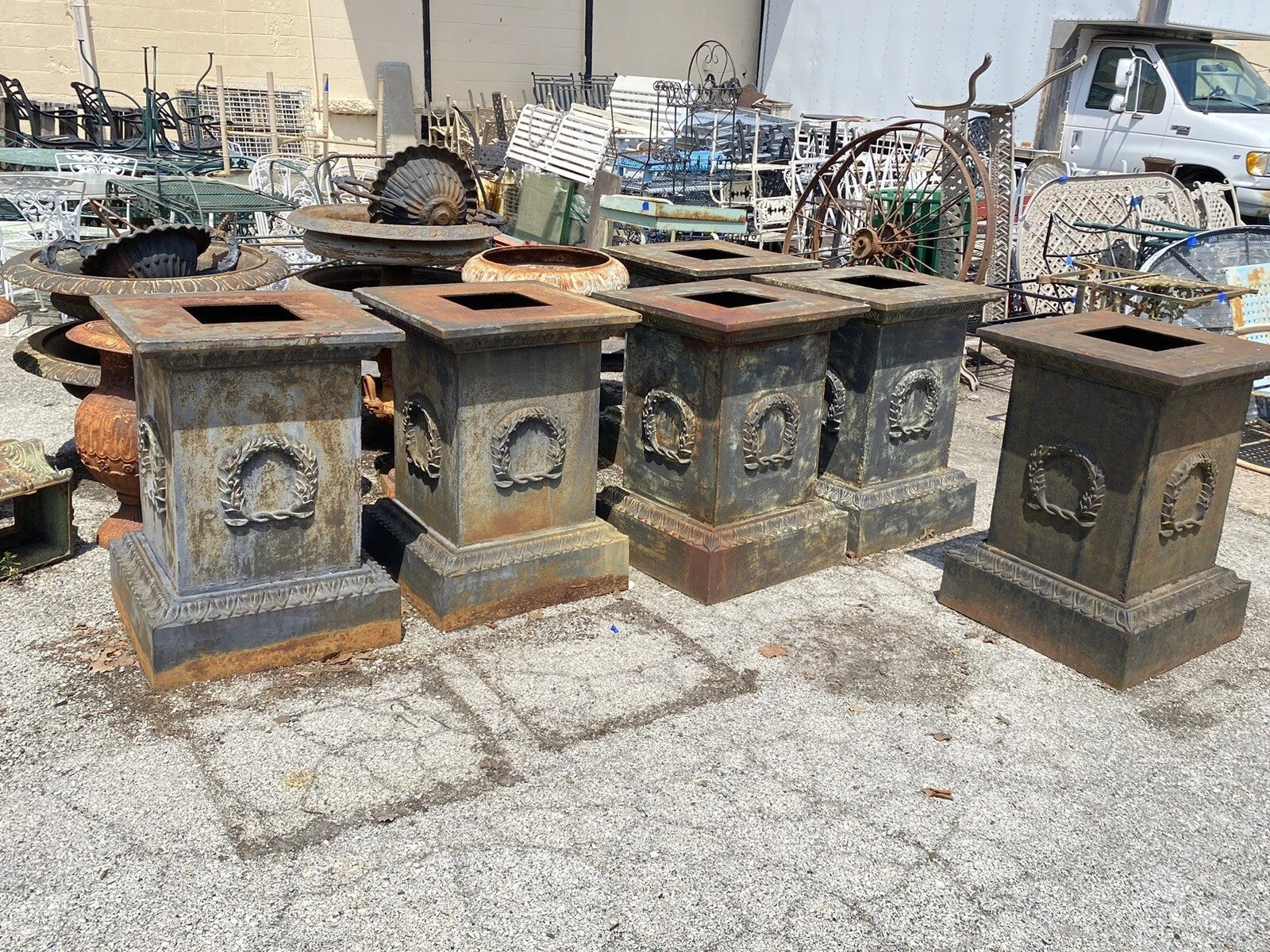 Vintage Neoclassical Cast Iron Wreath Garden Urn Planter Pedestal Base - Pair