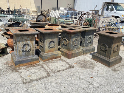 Vintage Neoclassical Cast Iron Wreath Garden Urn Planter Pedestal Base - Pair