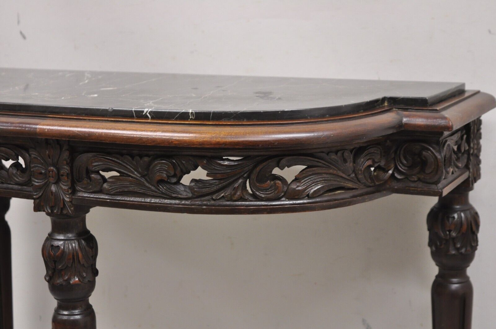 Antique French Louis XVI Carved Black Marble Top Demilune Console Hall Table