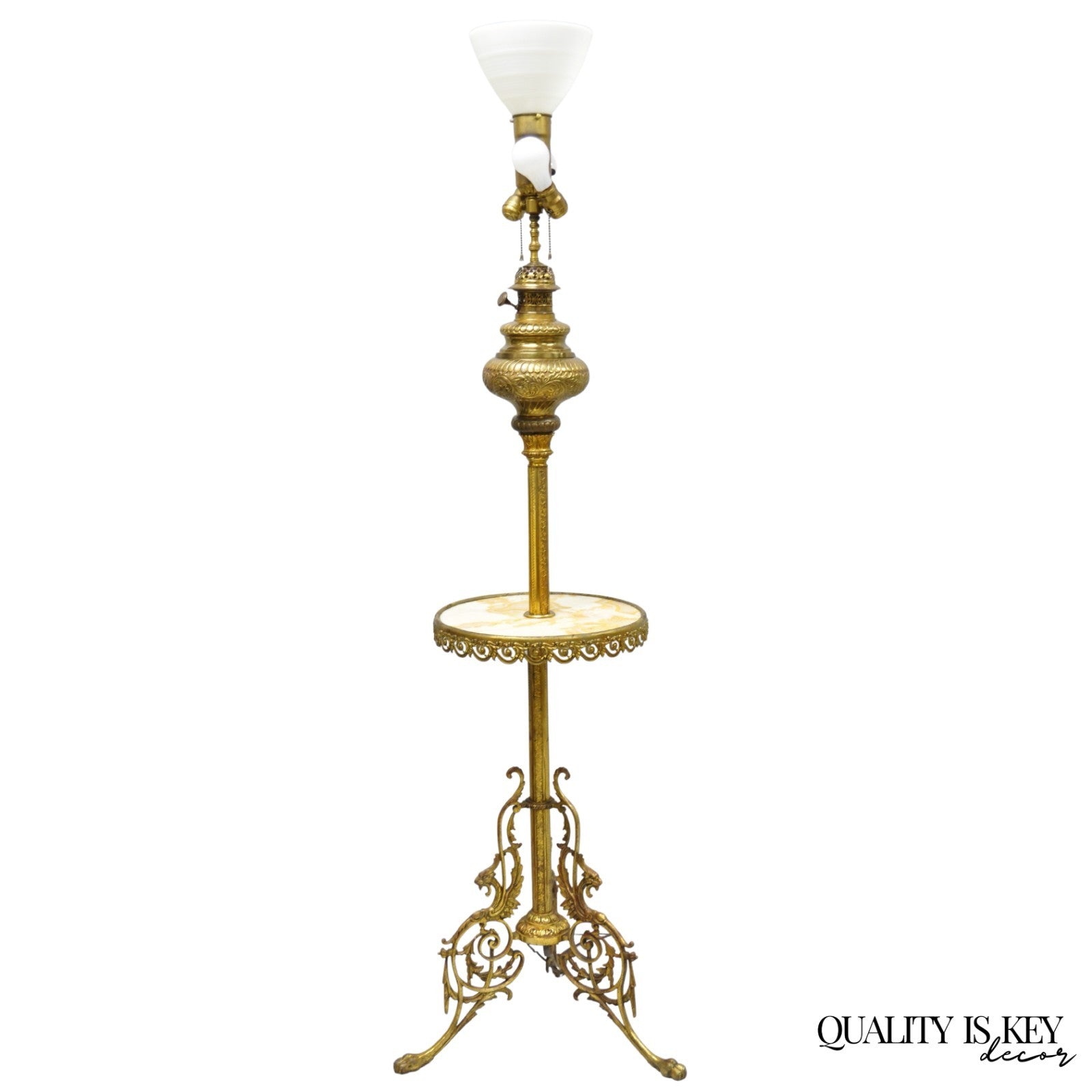 Victorian Bronze Griffin Figural Converted Oil Lamp Marble Side Table Floor Lamp