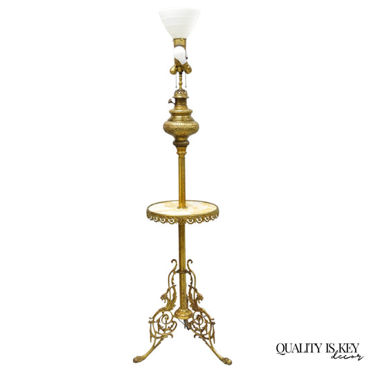 Victorian Bronze Griffin Figural Converted Oil Lamp Marble Side Table Floor Lamp