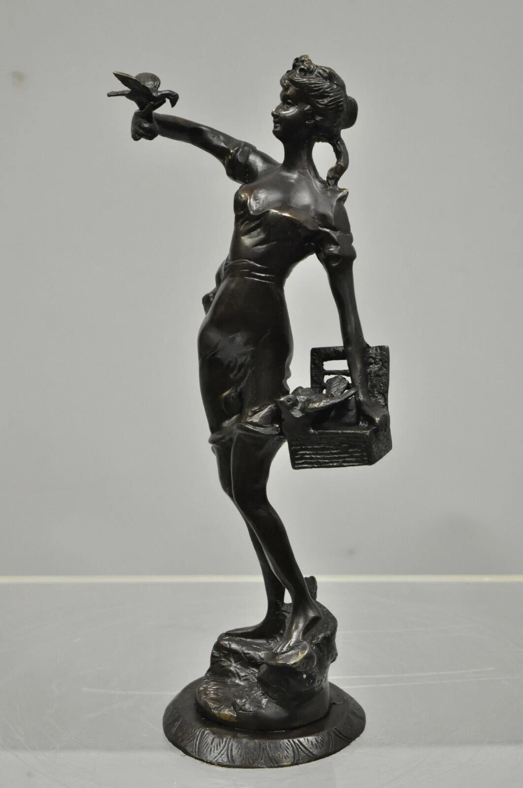 Vintage French Bronze Sculpture of Woman w/ Birds & Basket After Emile Guillemin
