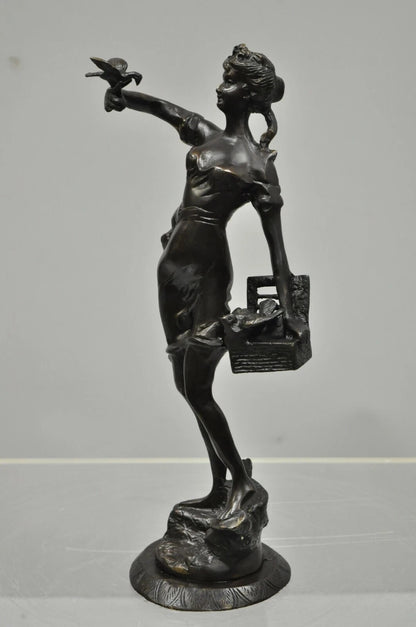 Vintage French Bronze Sculpture of Woman w/ Birds & Basket After Emile Guillemin
