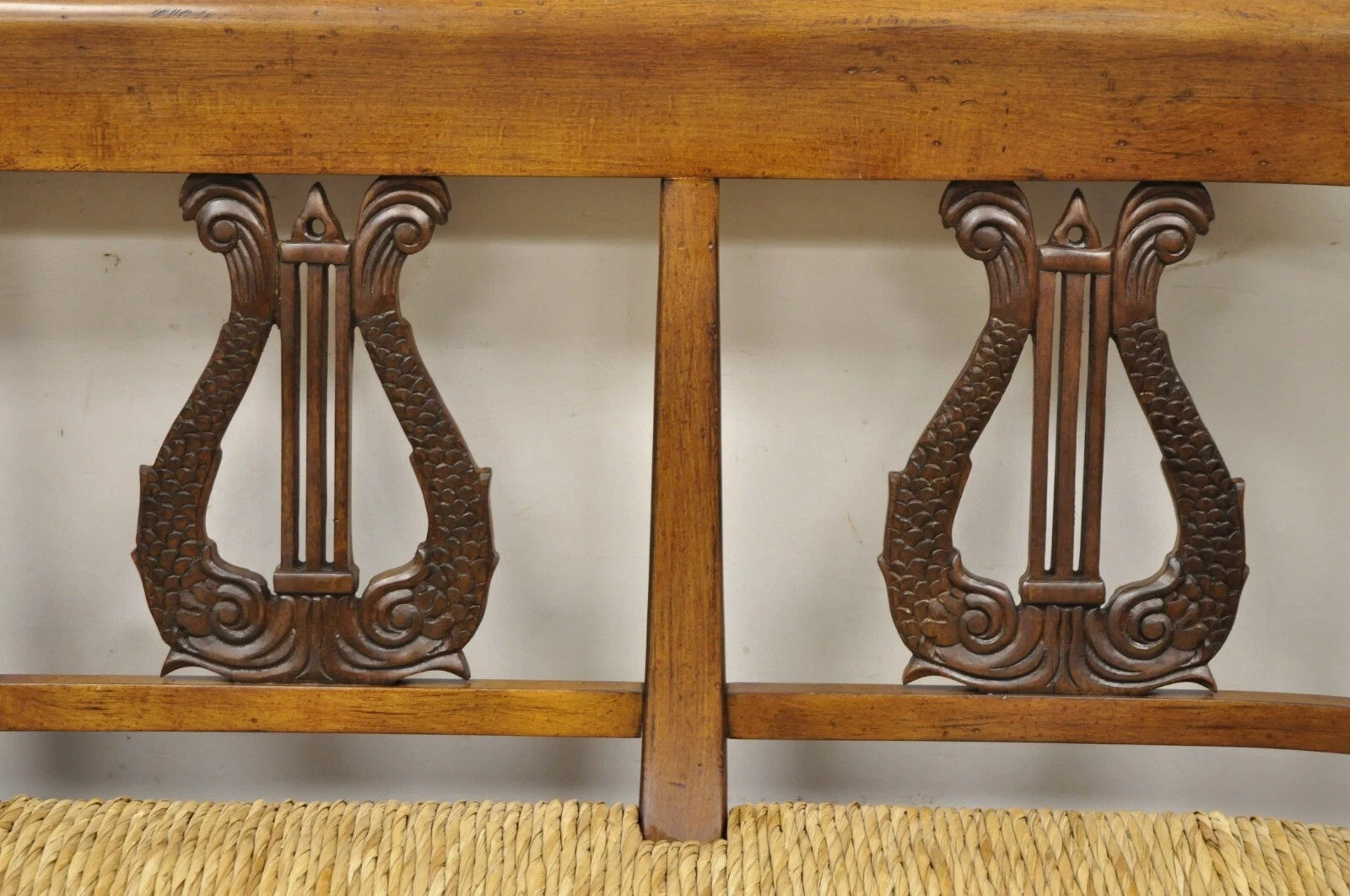 Vintage Italian Neoclassical Cherry Wood Dolphin Lyre Carved Rush Seat Bench