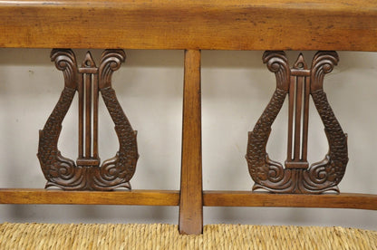 Vintage Italian Neoclassical Cherry Wood Dolphin Lyre Carved Rush Seat Bench