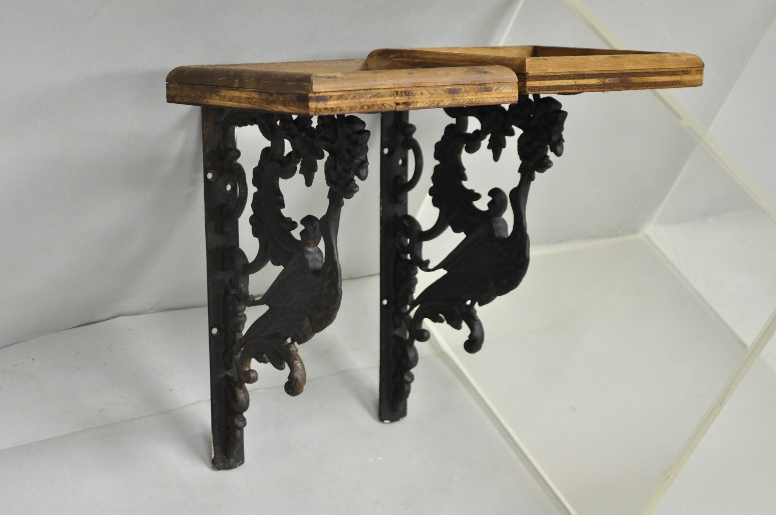 Antique Art Nouveau Cast Iron Figural Phoenix Bird Wall Shelf Brackets - a Pair