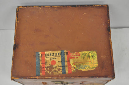 English Art Deco Brown Leather Travel Case Suitcase w/ Cunard Stickers & Top Hat