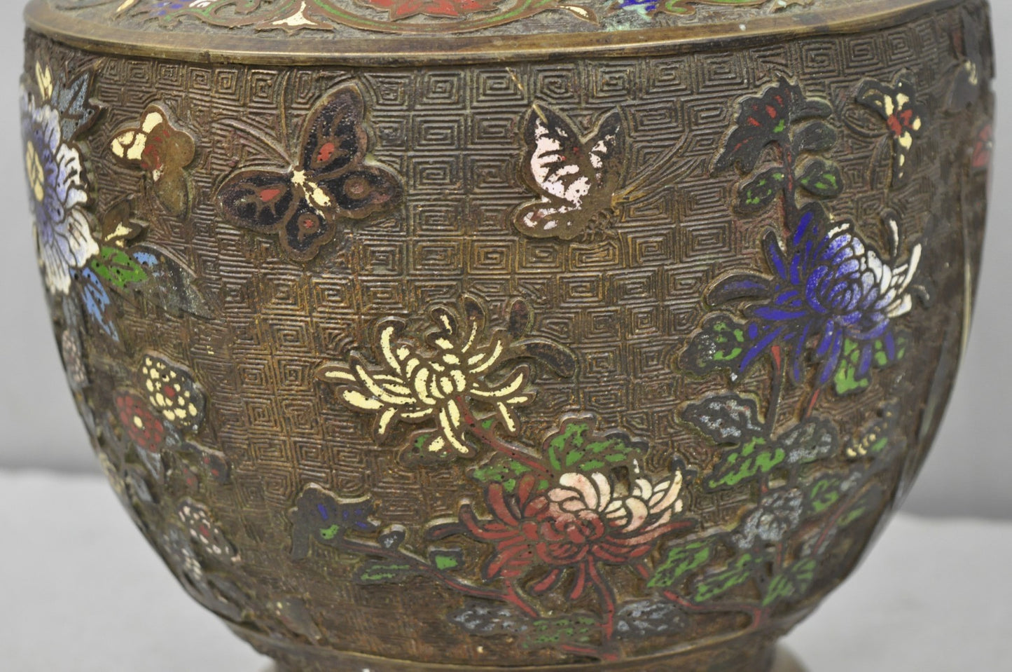 Antique Japanese Champleve Cloisonne Enamel Bronze Twin Handle 14" Vessel Vase