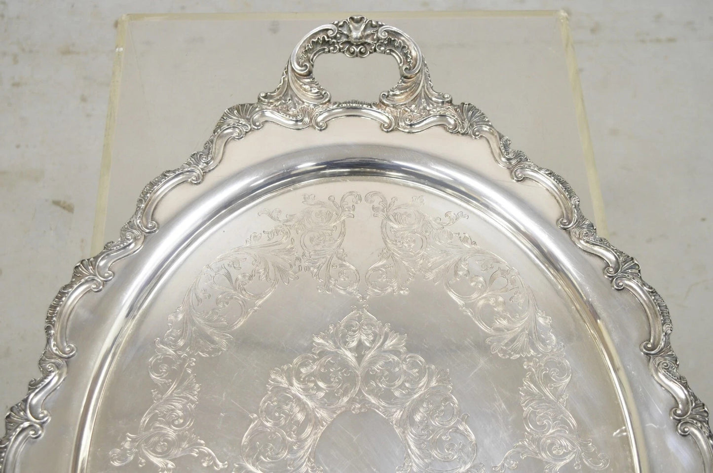 Antique English Victorian Silver Plated Large Oval Serving Platter Bar Tray