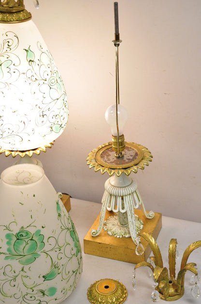 Vintage Italian Hollywood Regency Glass Pineapple Gold Metal Table Lamps - Pair