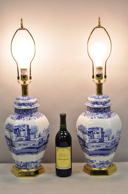 Vintage Spode Chinoiserie French Blue White Porcelain Ginger Jar Table Lamp Pair