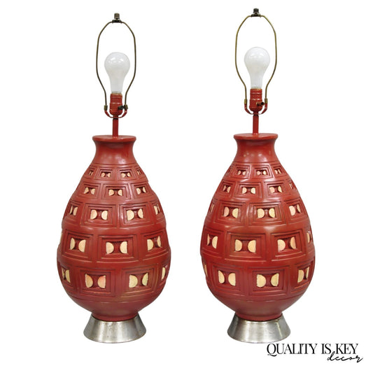 Mid Century Modern Space Age Red Ceramic "Beehive" Large Table Lamps - a Pair