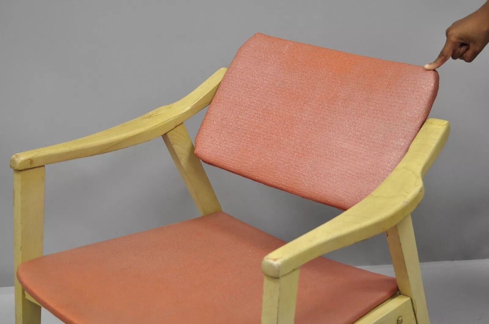 Vintage Mid Century Modern Pink Vinyl Blonde Wood Armchair w/ Pivoting Back