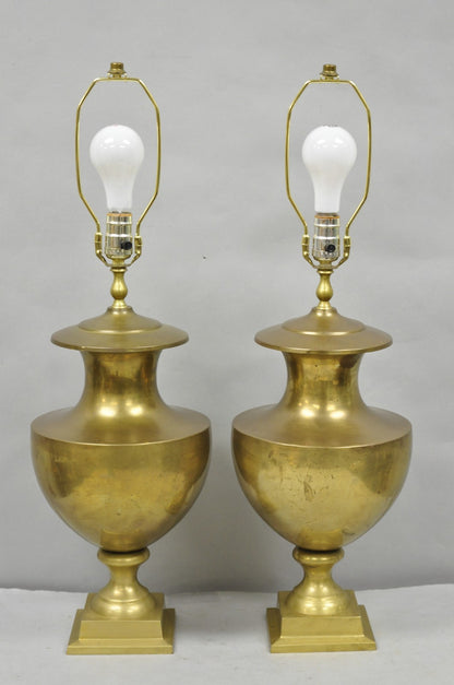 Vintage Hollywood Regency Patinated Brass Jardiniere Urn Table Lamps - a Pair