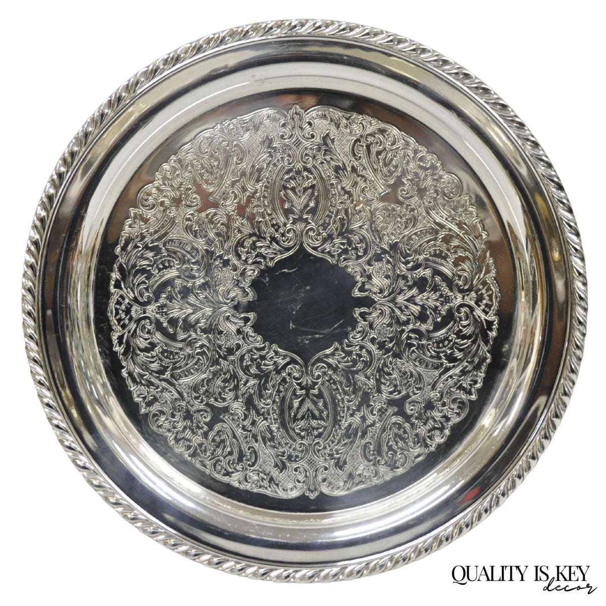 Vintage Oneida Victorian Style 12" Round Silver Plated Serving Platter Bar Tray
