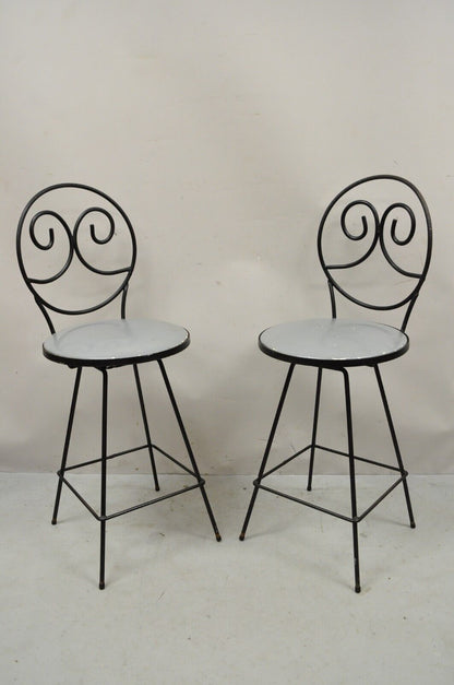 Mid Century Modern Swivel Seat Arthur Umanoff Style Wrought Iron Stools - a Pair