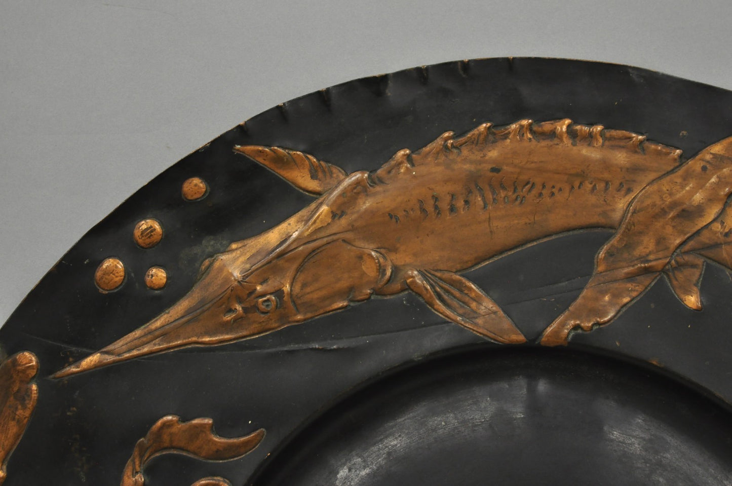 Antique Jugendstil Figural Copper Platter Charger of Fish by Steinicken & Lohr