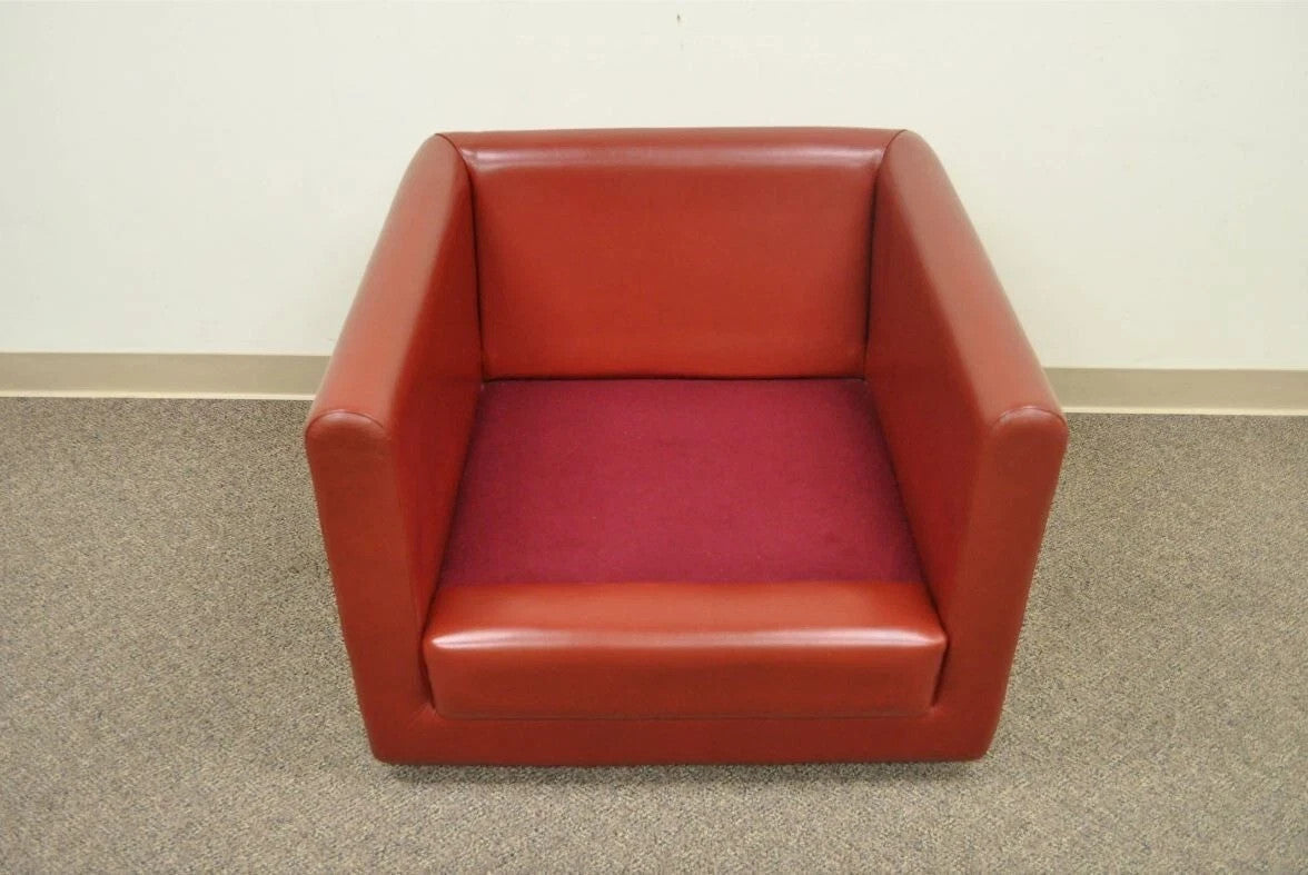 Vintage Mid Century Modern Red Leather Cube Club Lounge Chair on Rolling Casters