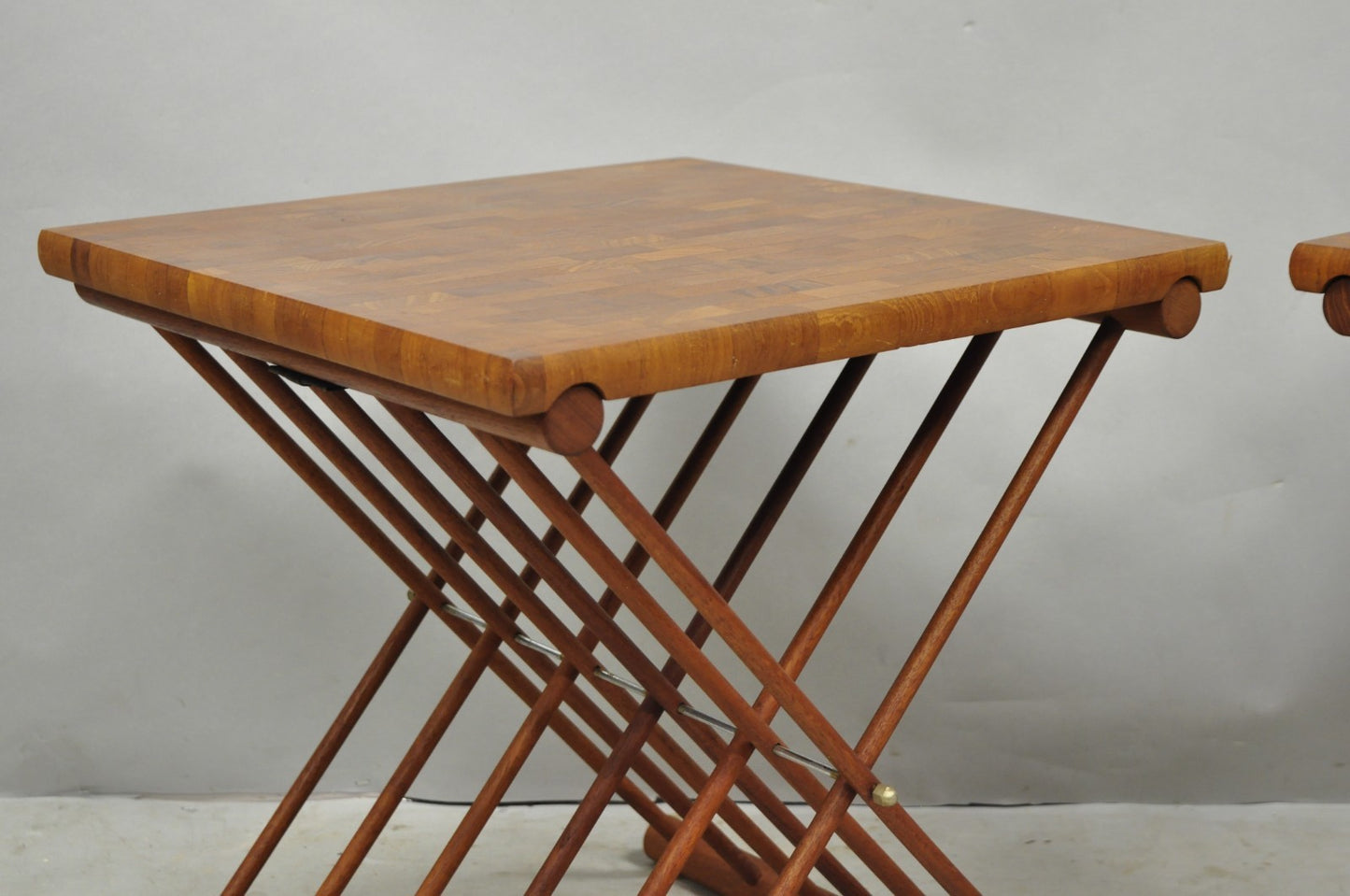 Mid Century Danish Modern Mandalay Teak Folding Campaign Style Side Tables Pair