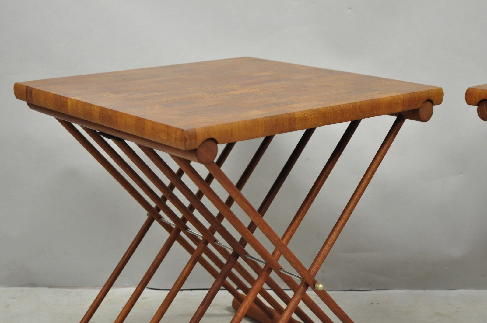 Mid Century Danish Modern Mandalay Teak Folding Campaign Style Side Tables Pair