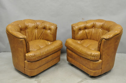 Vintage Classic Leather Chesterfield Brown Tufted Leather Barrel Club Chair Pair