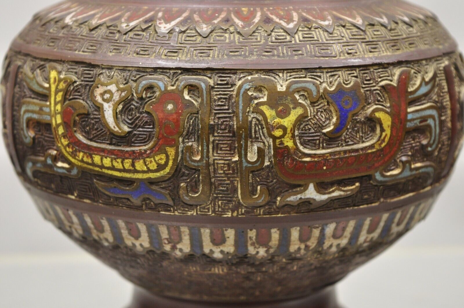 Antique Japanese Champleve Cloisonne Bronze Twin Handle 12" Vase