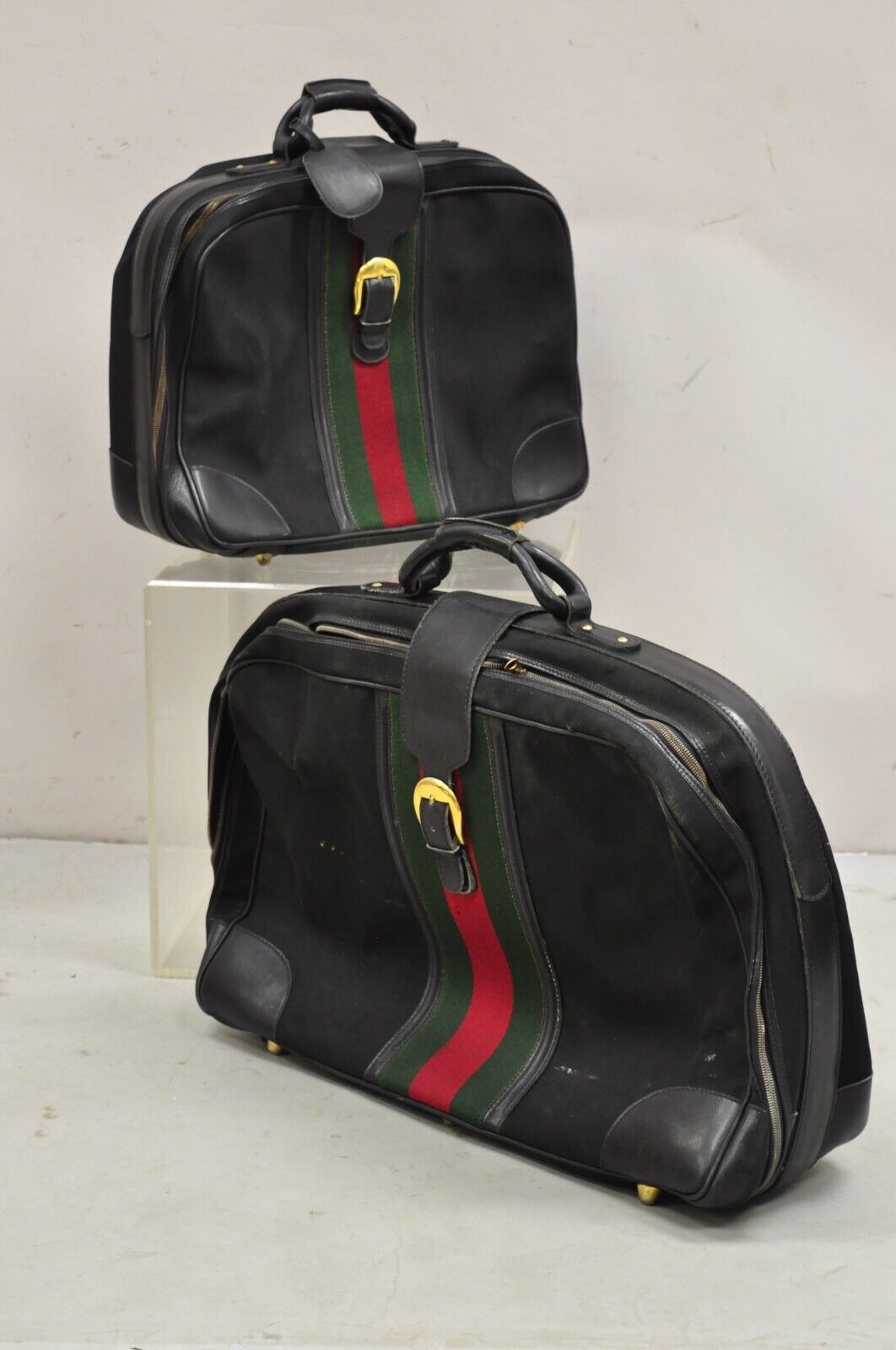 Vintage Gucci Black Canvas & Leather Suitcase Luggage Travel Bag Set - 2 Pcs