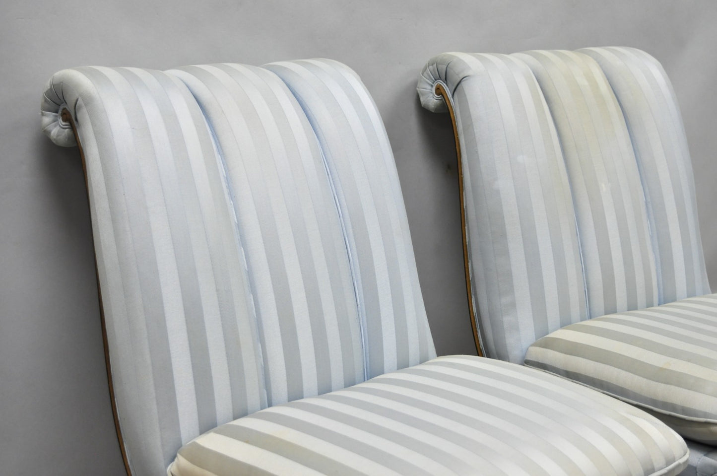 French Hollywood Regency Carved Walnut Rolled Back Slipper Lounge Chair - a Pair