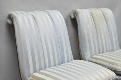 French Hollywood Regency Carved Walnut Rolled Back Slipper Lounge Chair - a Pair