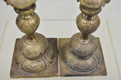 Antique Fraget N Plaque Renaissance Sabbath Brass Gilt Candlesticks - A Pair