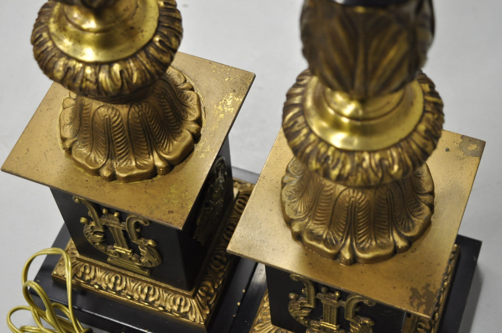 Antique French Empire Style Figural Black & Gold Tall Column Table Lamps - Pair