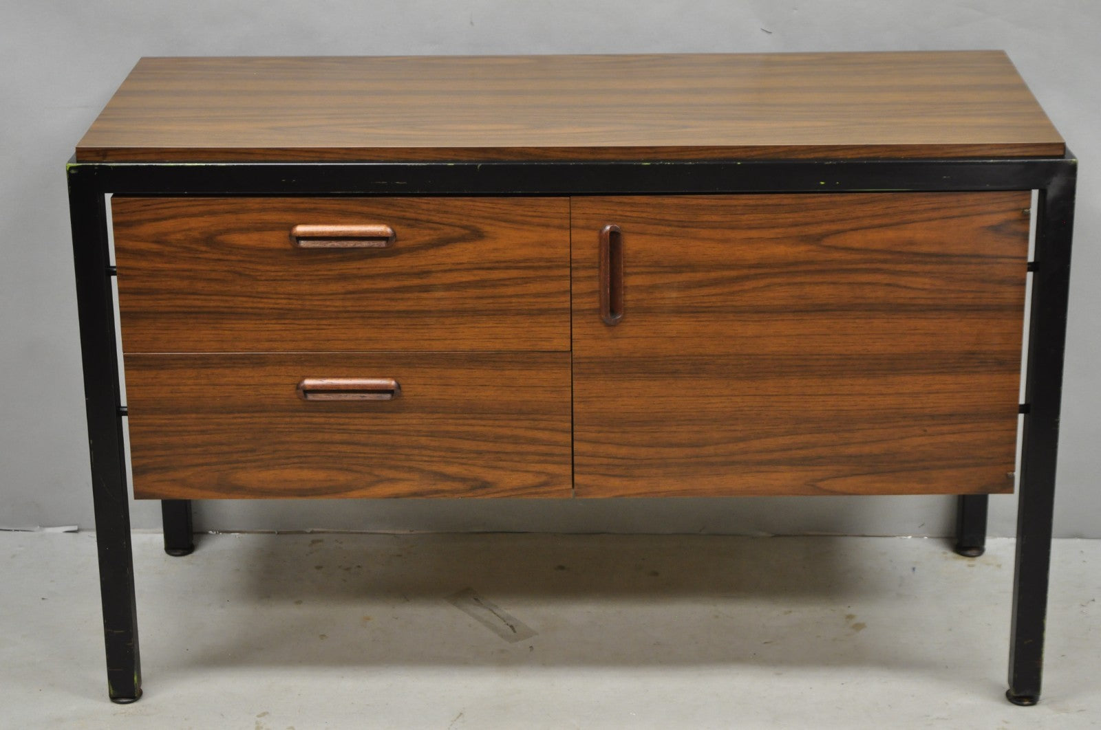 Vintage Mid Century Modern Faux Rosewood Laminate Steel Metal Credenza Cabinet