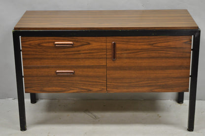 Vintage Mid Century Modern Faux Rosewood Laminate Steel Metal Credenza Cabinet