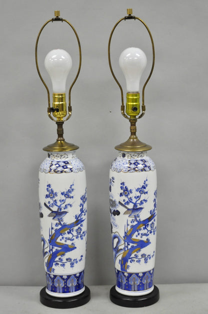 Vintage Chinoiserie Blue White Porcelain Bird & Plum Blossom Table Lamp - a Pair