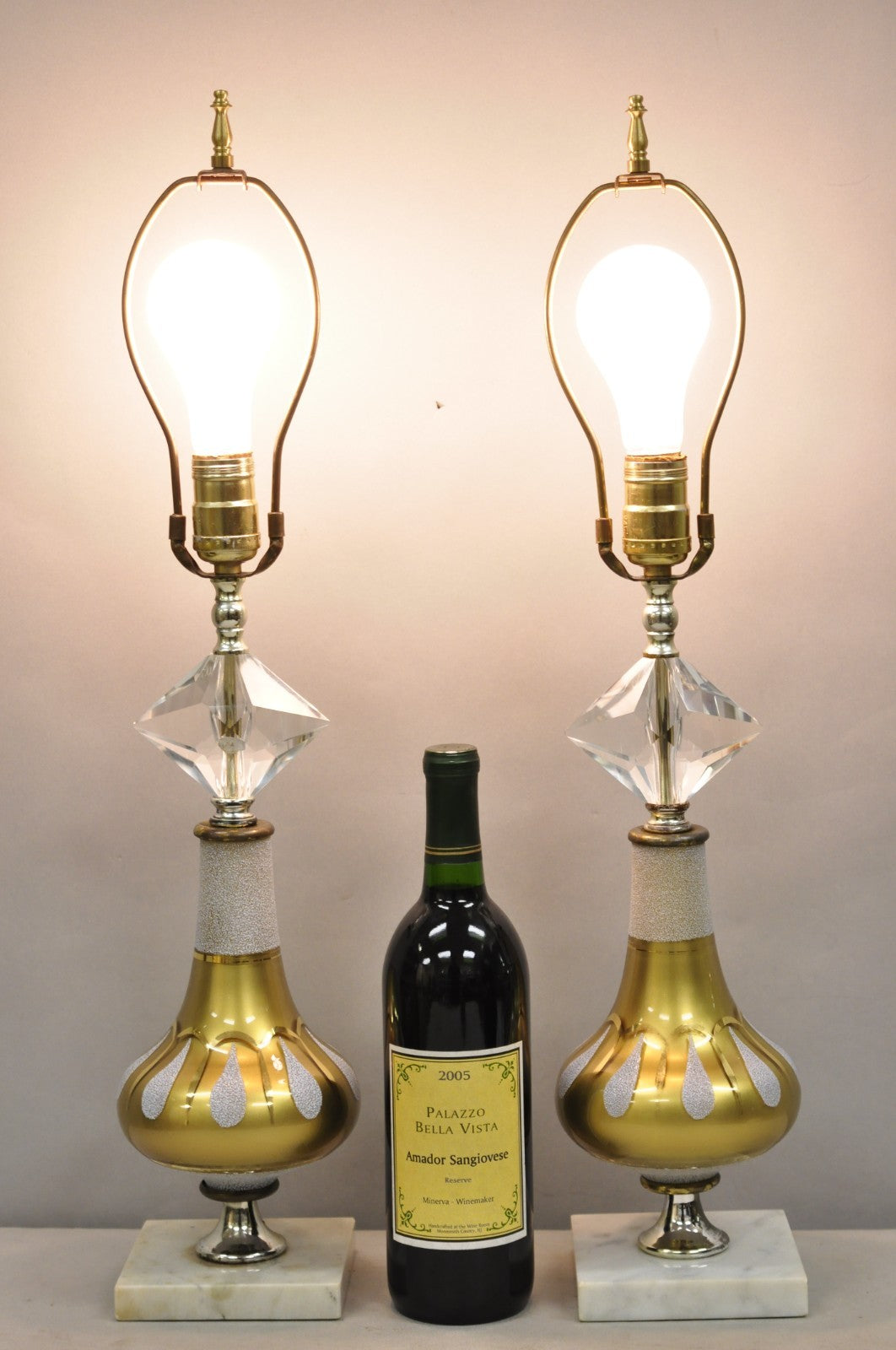 Vintage Mid Century Modern Gold Teardrop Diamond Vanity Table Lamps - a Pair
