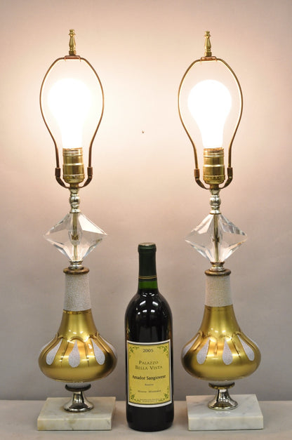 Vintage Mid Century Modern Gold Teardrop Diamond Vanity Table Lamps - a Pair