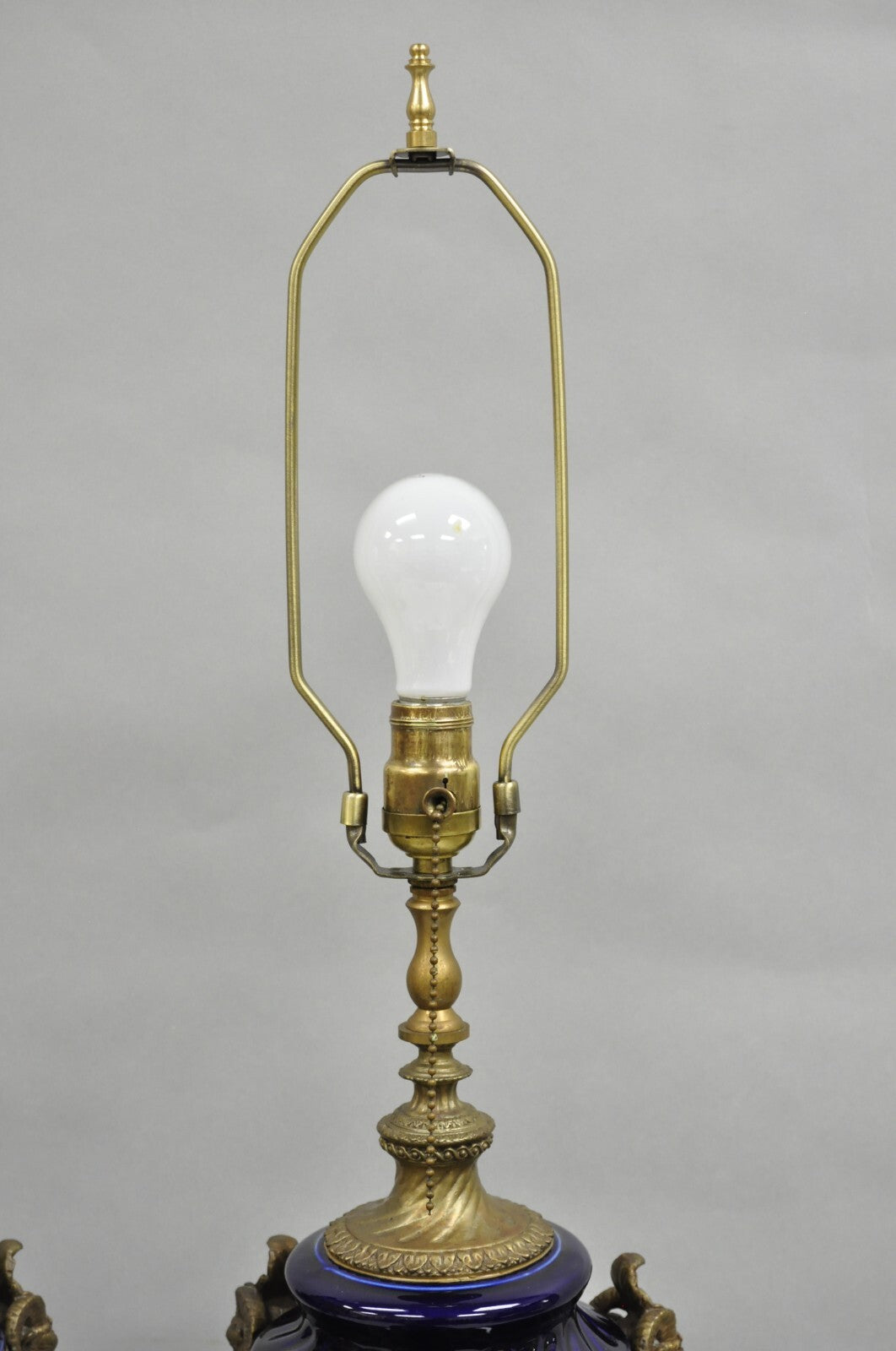 French Empire Neoclassical Bronze Ram Head Cobalt Blue Porcelain Table Lamp Pair