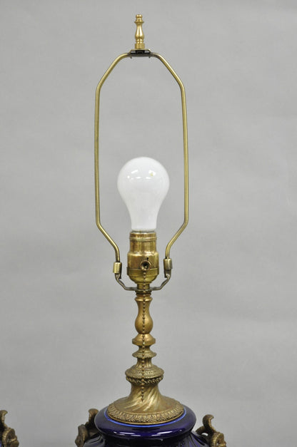 French Empire Neoclassical Bronze Ram Head Cobalt Blue Porcelain Table Lamp Pair