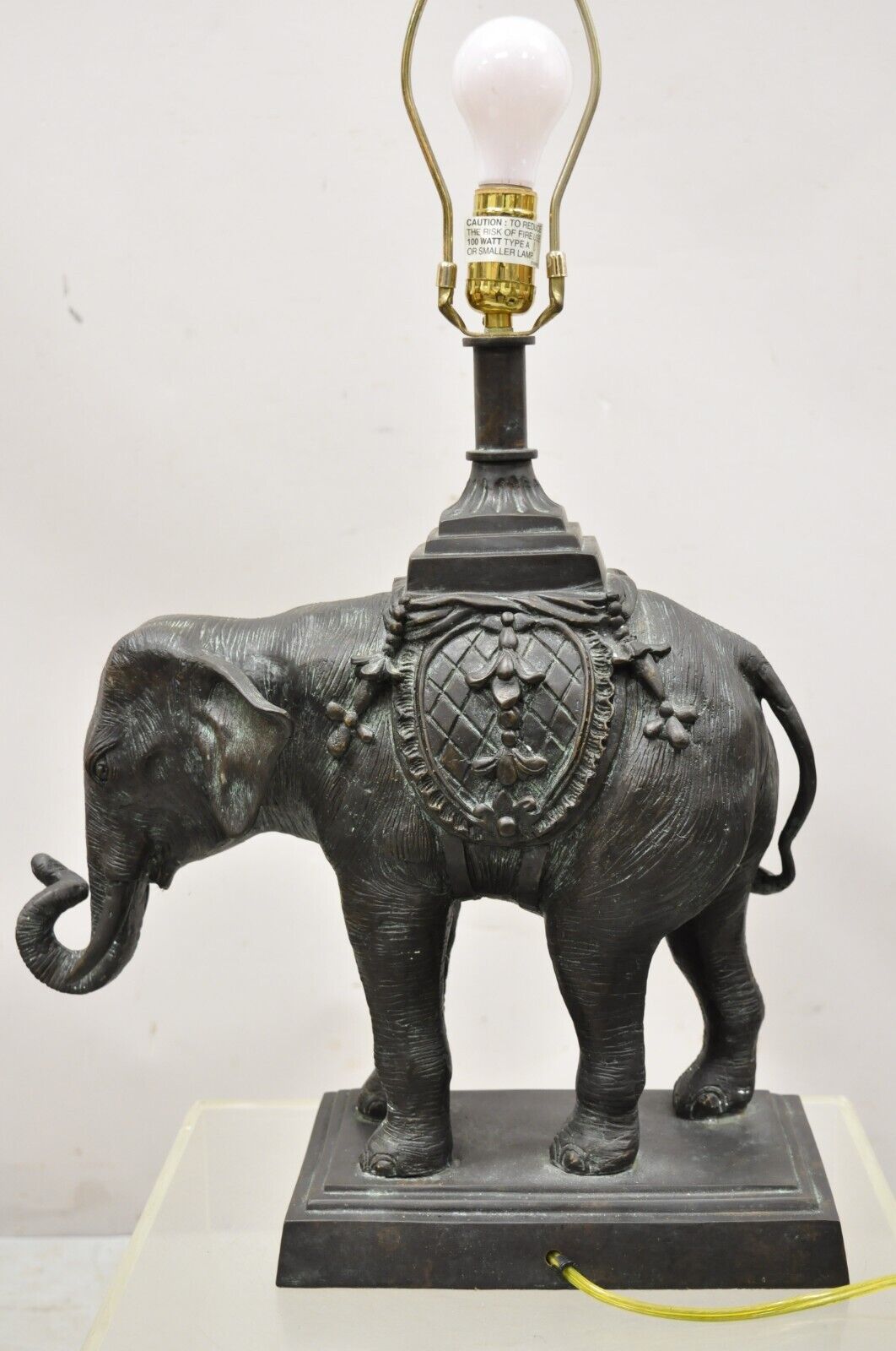 Maitland Smith Bronze Figural Elephant Table Lamp Faux Tooled Leather Shade (A)