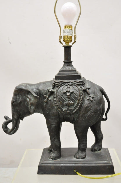 Maitland Smith Bronze Figural Elephant Table Lamp Faux Tooled Leather Shade (A)