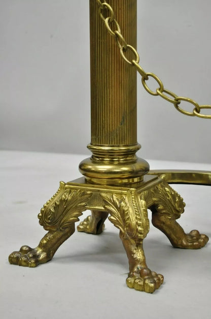 19th C. French Empire Bronze Large 32" Paw Foot Column Fireplace Andirons - Pair