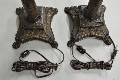Antique French Empire Brown Painted Column Small Metal Table Lamps - a Pair